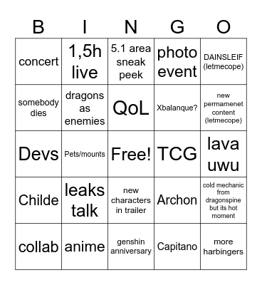 Genshin 5.0 livestream Bingo Card