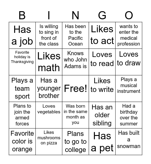 Class of 2025 Bingo Card