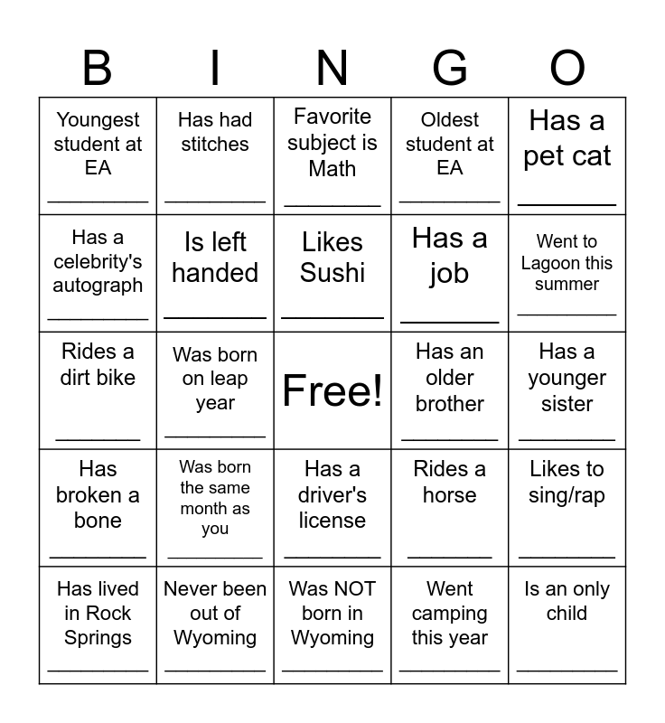 EAHS Bingo Card