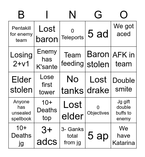 League of Legends Drunk Bingo Card