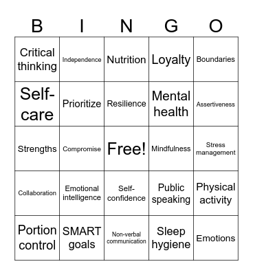 Teen 101/Life Skills Bingo Card