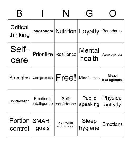 Teen 101/Life Skills Bingo Card