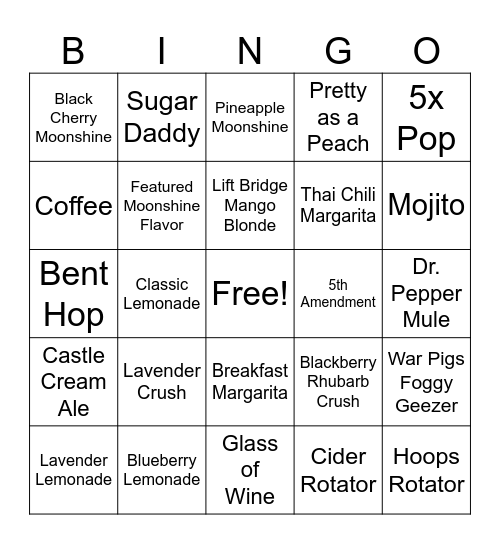 TAVERN BEVERAGE BINGO Card
