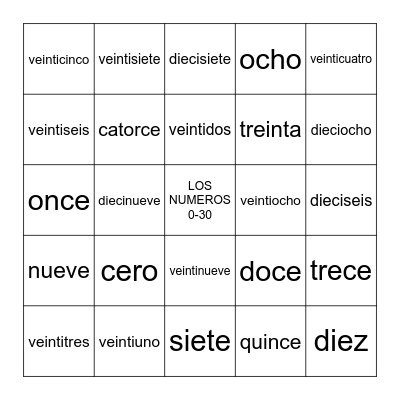 LOS NUMEROS 0-30 Bingo Card