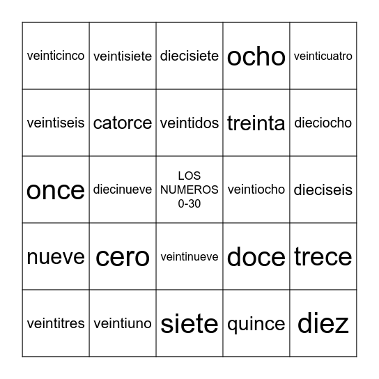 LOS NUMEROS 0-30 Bingo Card