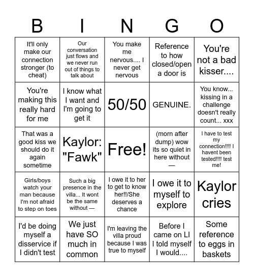 Love Island bingo Card