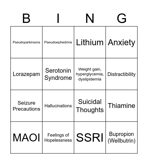 Clinical Prep- Psychopharmacology Bingo Card