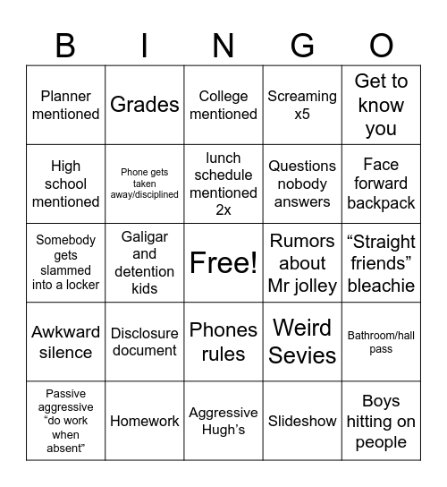 First day Bingo Card