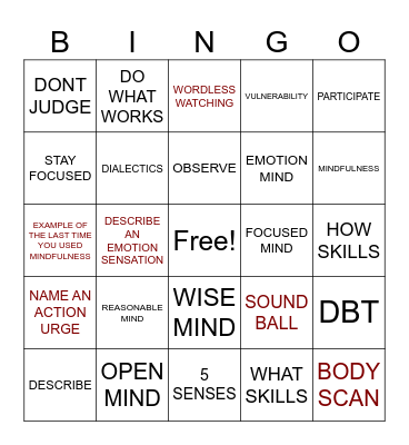 Mindfulness Bingo Card