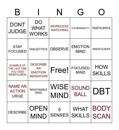 Mindfulness Bingo Card