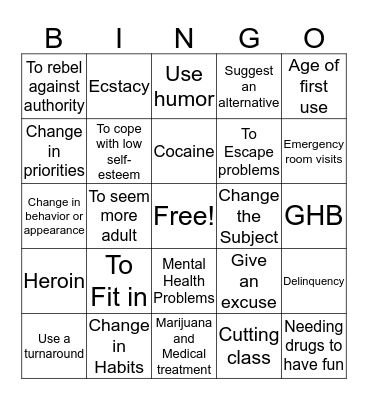 Drug Prevention Bingo Card