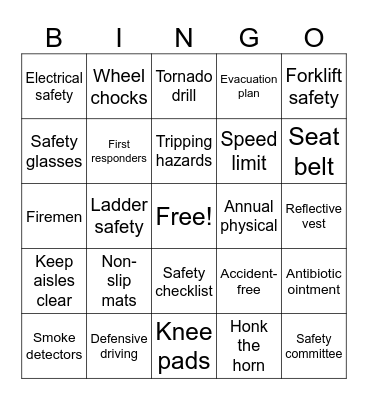 Safety Day Bingo Card