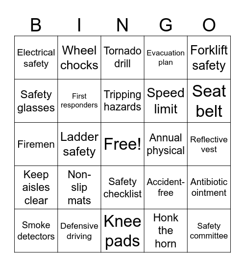 Safety Day Bingo Card