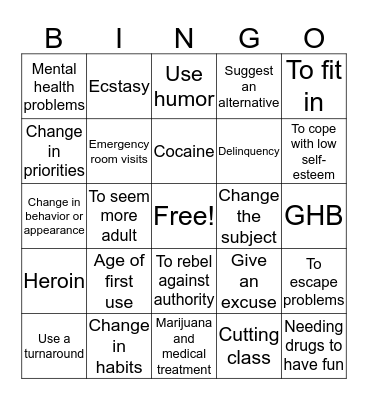 Drug Prevention Bingo Card