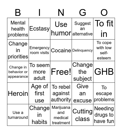Drug Prevention Bingo Card
