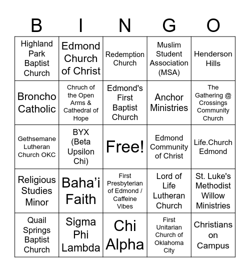 Interfaith Fair BINGO Card