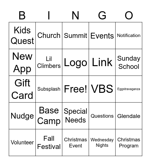Kids Quest Volunteer Meeting Bingo Card