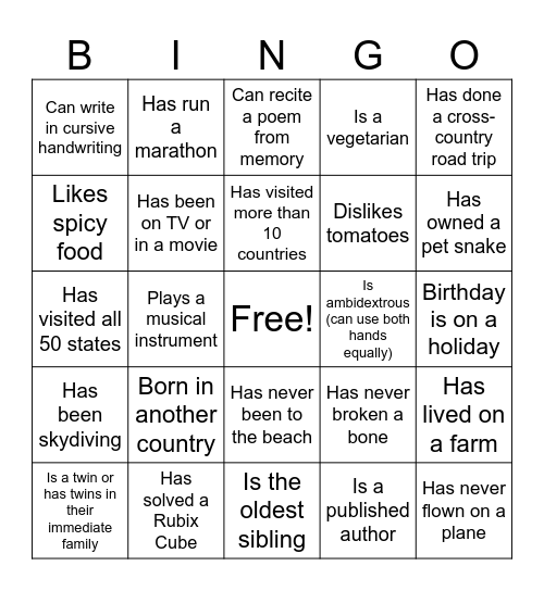Transfer / Veteran BINGO Card