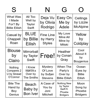 Sad Girl Anthems Bingo Card