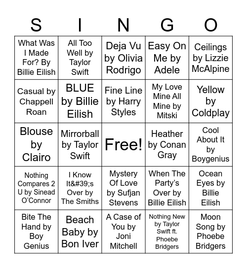 Sad Girl Anthems Bingo Card