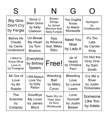 Breakup Songs Bingo Card