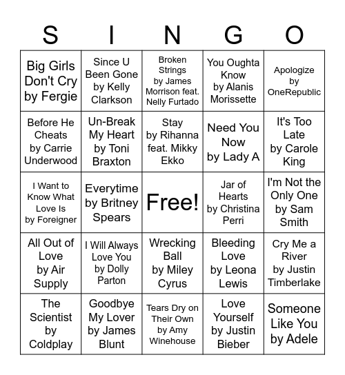 Breakup Songs Bingo Card