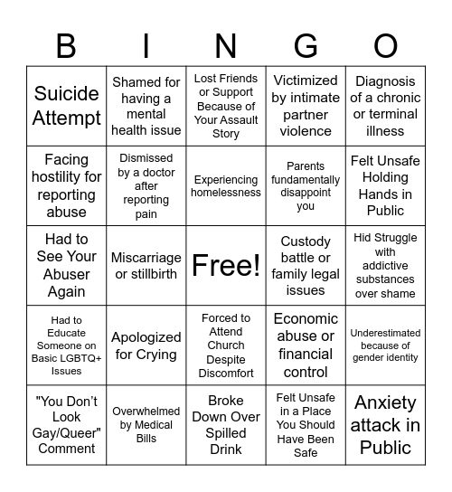 Trauma Bingo Card