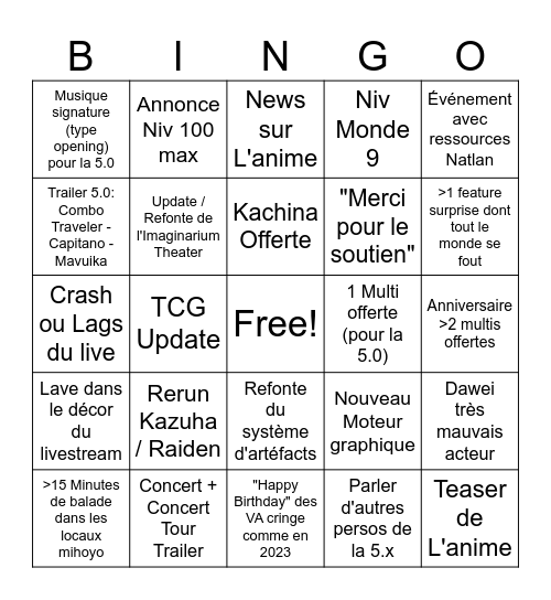 Bingo Genshin 5.0 Livestream [FR] Bingo Card