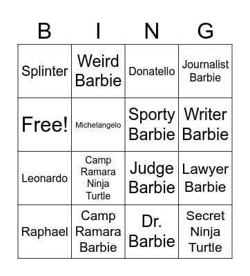 TMNT and Barbie Bingo Card