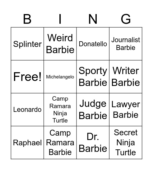 TMNT and Barbie Bingo Card