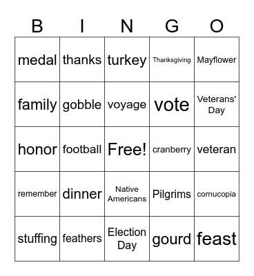 November Vocabulary Words Bingo Card
