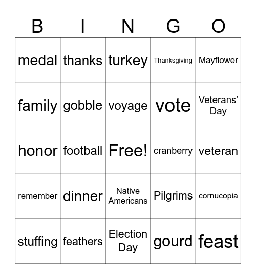 November Vocabulary Words Bingo Card