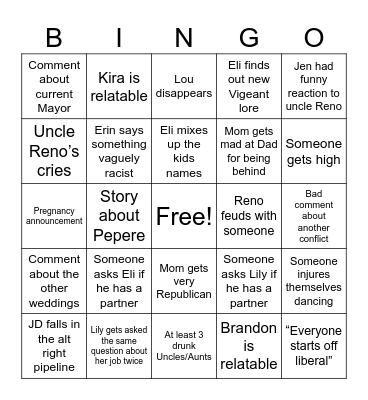 Jen and Reno Wedding Bingo Card