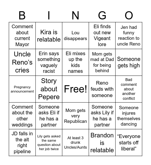 Jen and Reno Wedding Bingo Card