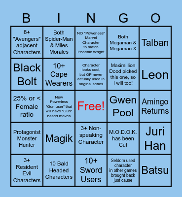 Marvel Vs Capcom 4 Roster Bingo Card Bingo Card