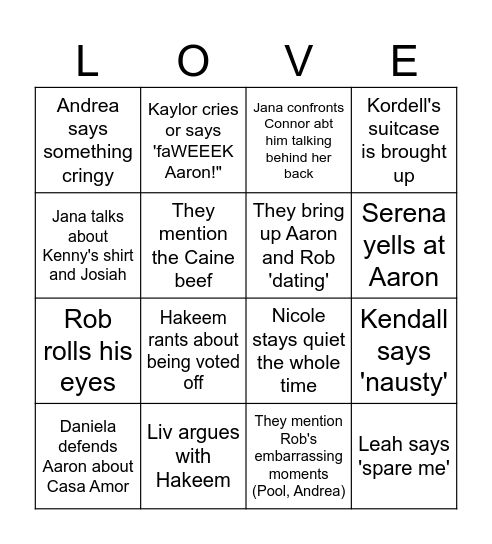 Love Island USA Reunion Bingo Card