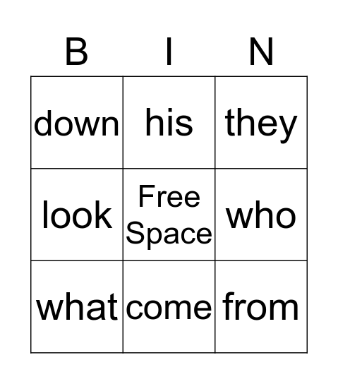 Sight Word Bingo Card