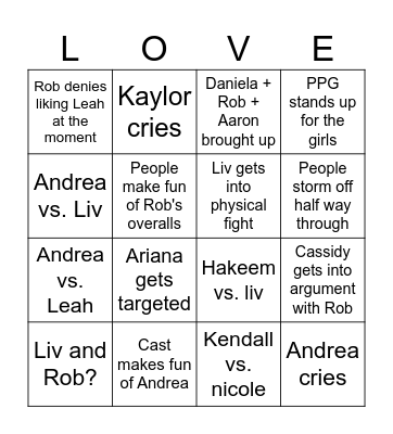 Love island Reunion Bingo Card