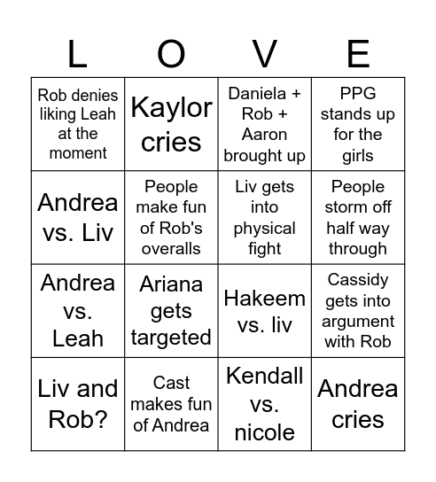 Love island Reunion Bingo Card