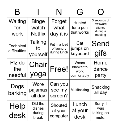 Work from Home Bingo Card