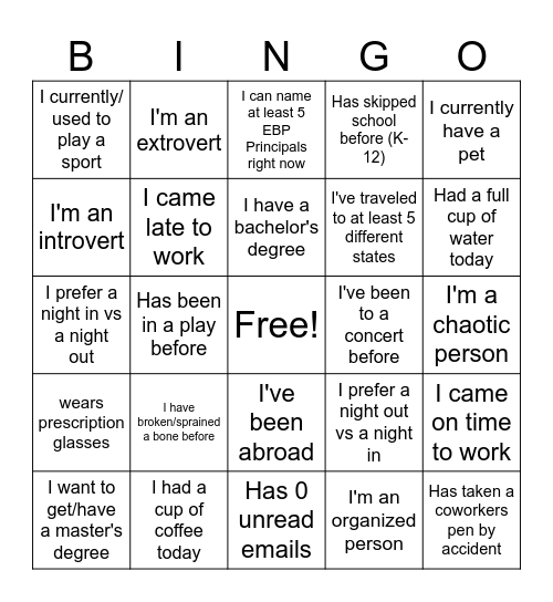 Ice Breaker Bingo Card