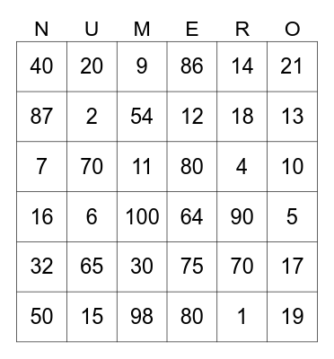 NUMBER BINGO Card