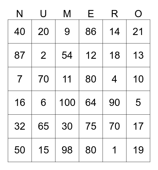 NUMBER BINGO Card