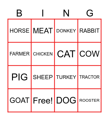 FARM ANIMALS UNIT 4 LWU2 Bingo Card