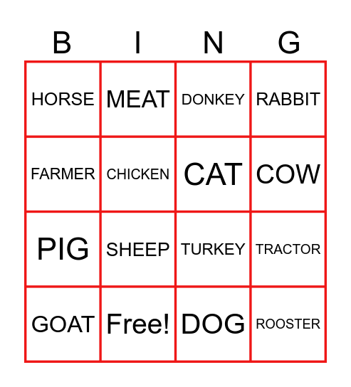 FARM ANIMALS UNIT 4 LWU2 Bingo Card