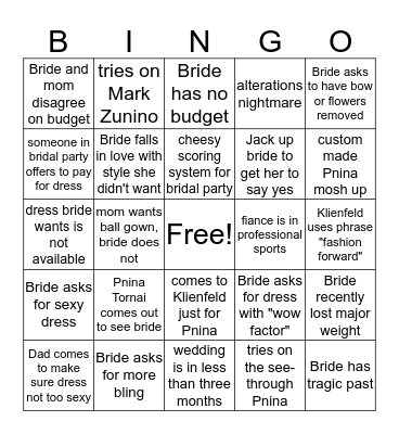 Say Yes to the Dress Bingo Card