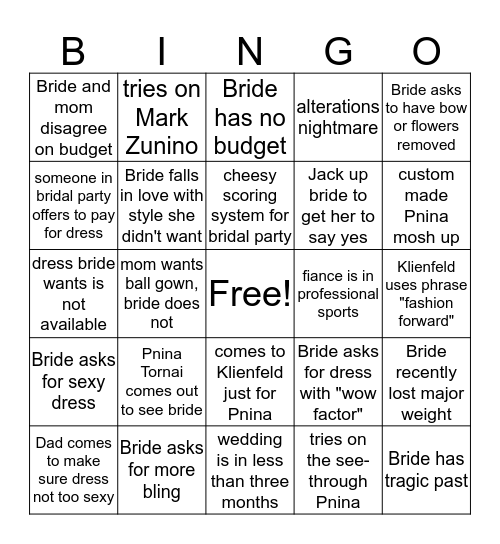 Say Yes to the Dress Bingo Card
