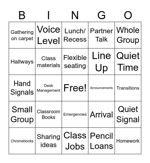 Procedures and Routines Bingo Card