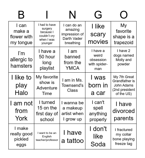 Theatre One 1st Block Bingo Card