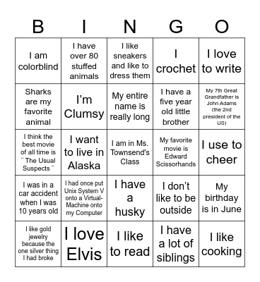 Theatre One 3rd Block Fun Fact Bingo Card